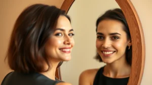 Professional woman looking in mirror with peaceful, confident expression, soft natural lighting, warm beige background, shoulders visible, genuine smile reflecting inner strength and self-acceptance