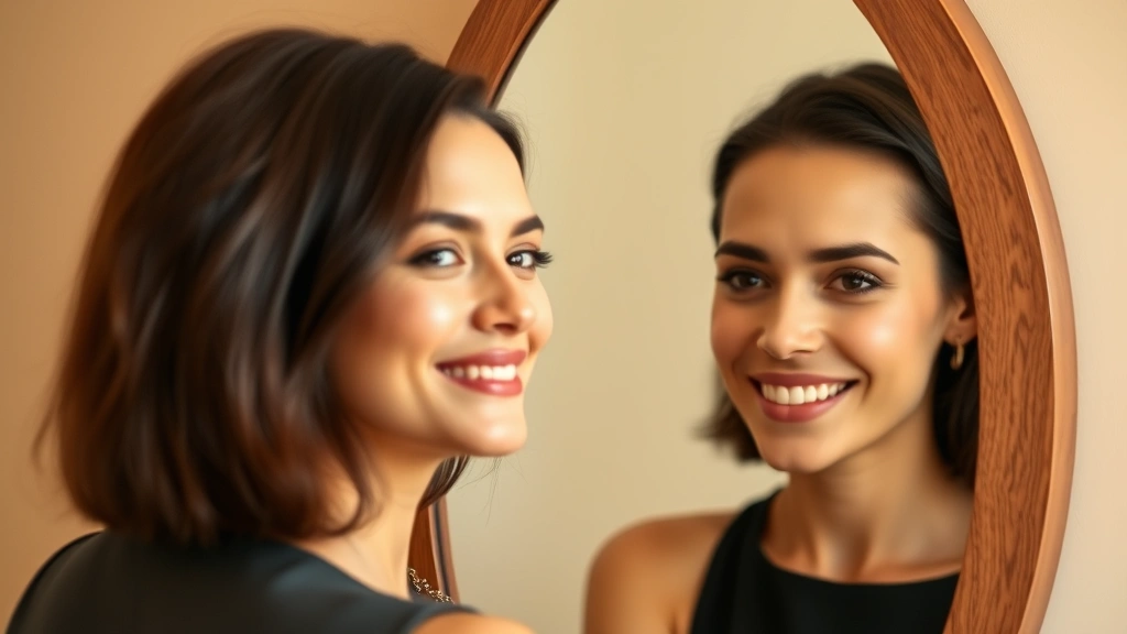 Professional woman looking in mirror with peaceful, confident expression, soft natural lighting, warm beige background, shoulders visible, genuine smile reflecting inner strength and self-acceptance