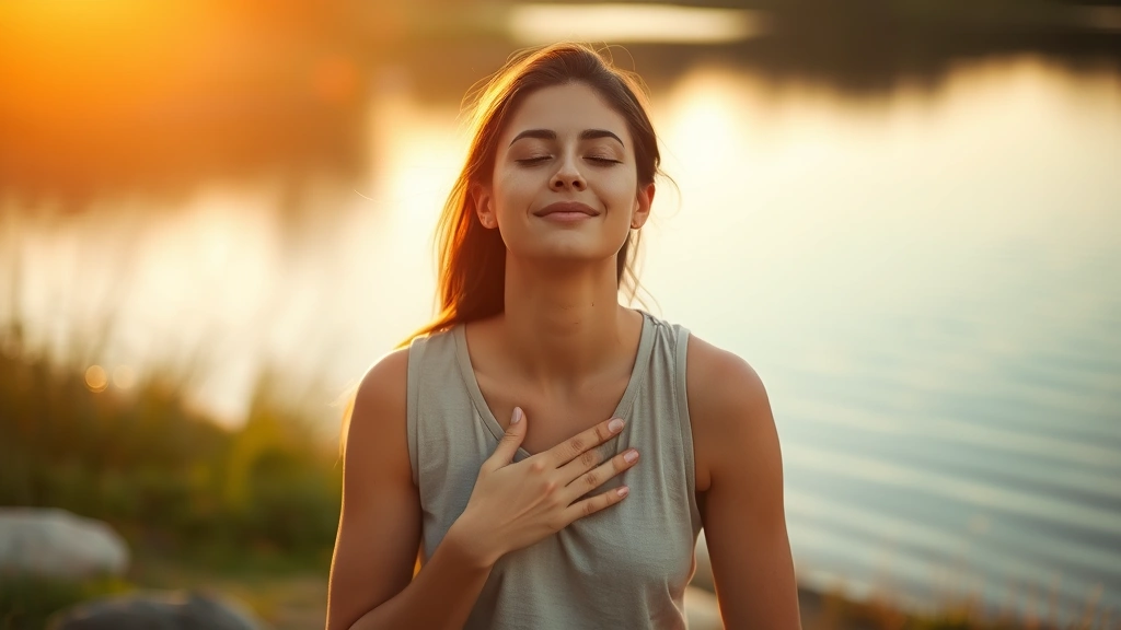 Person sitting peacefully outdoors near water, hand on heart, eyes closed with serene expression, golden hour lighting, nature background with soft focus, embodying self-compassion and inner peace