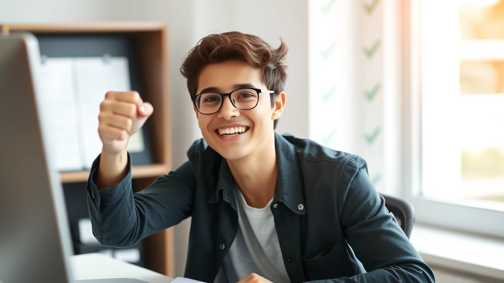 Young individual at desk celebrating small victory with fist pump, papers with checkmarks visible in soft focus, natural window lighting, authentic joy and accomplishment on face, professional casual setting