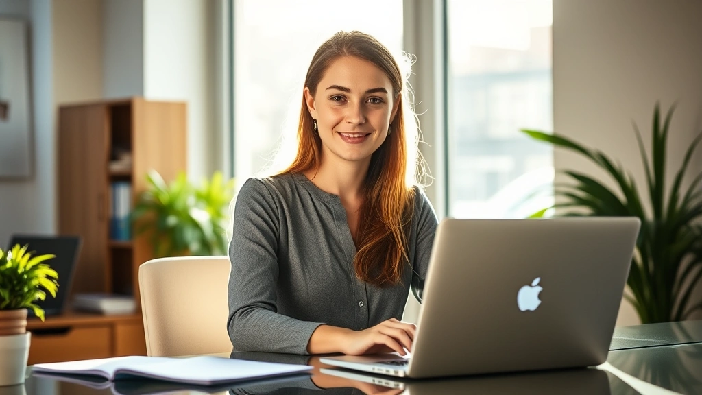 Young professional woman sitting at desk with laptop, looking focused and determined, morning sunlight through window, peaceful office environment, natural expression of confidence and readiness