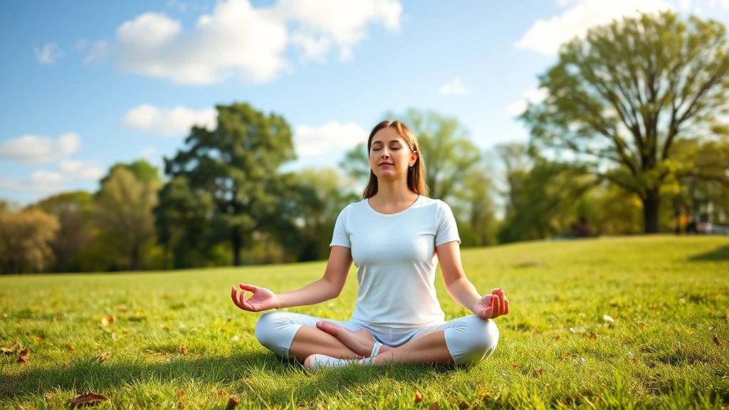 Person meditating outdoors in nature, sitting peacefully on grass with trees and blue sky in background, calm centered pose, serene expression, representing mindfulness and self-reflection practice