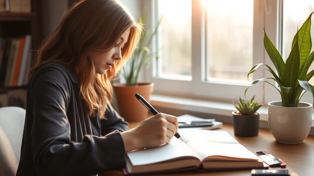 Woman writing in journal at desk by window, pen in hand, focused and thoughtful, morning light streaming in, plants nearby, calm contemplative atmosphere