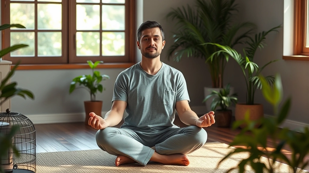 Man meditating in peaceful room, sitting cross-legged, serene expression, soft natural light, plants around, embodying mindfulness and inner peace