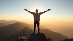 Person standing confidently on a mountain peak at sunrise, arms open wide, peaceful expression, golden light illuminating their face, overlooking vast landscape below, representing personal triumph and inner strength