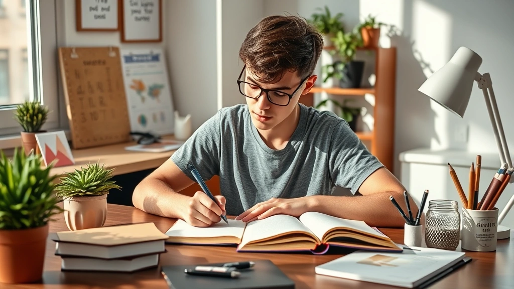 Young adult writing in journal at desk with plants and natural light, focused expression, surrounded by motivational elements, representing reflection, goal-setting, and deliberate self-improvement practices