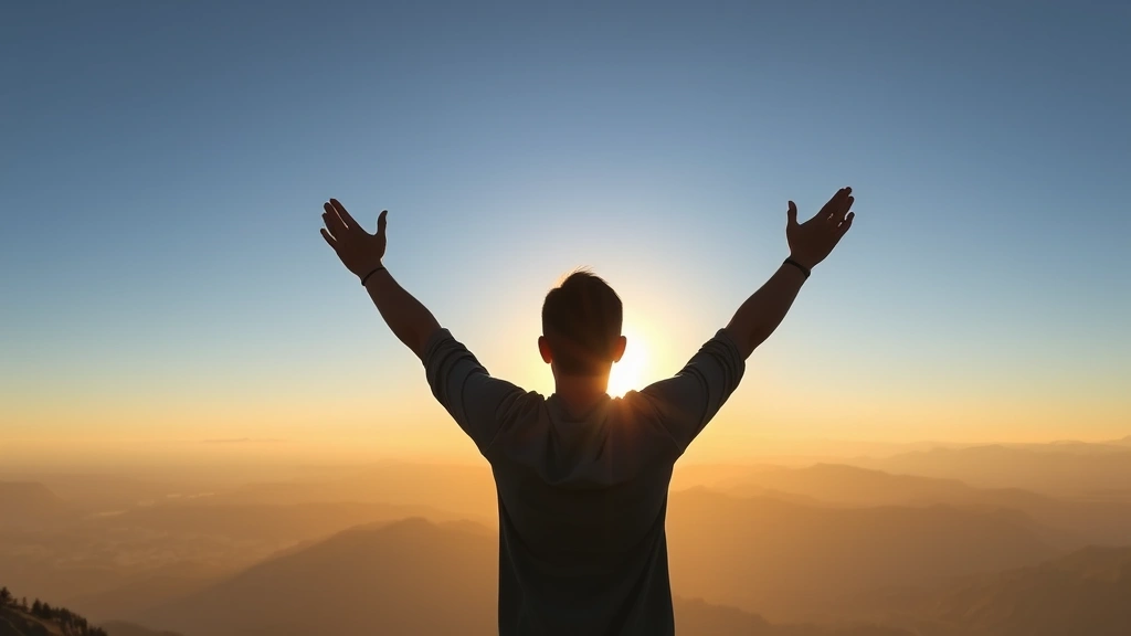 Person at sunrise on a mountain peak, arms raised in triumph, looking toward expansive landscape, golden light, peaceful expression of achievement and possibility