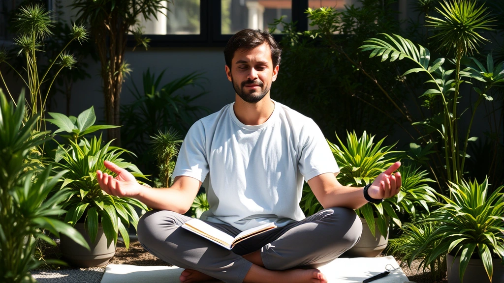 Individual sitting in meditation pose in natural sunlight, notebook and pen nearby, surrounded by plants, contemplative expression showing inner work and self-reflection
