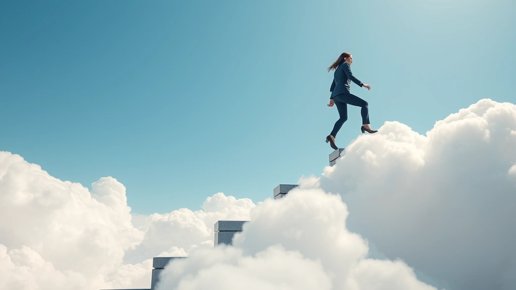 Professional woman climbing upward through clouds with determination, stepping onto higher platforms, clear sky ahead, visual metaphor for continuous improvement and progress