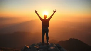 A person standing at sunrise on a mountain peak, arms raised in triumph, looking at vast landscape ahead, photorealistic, warm golden light, sense of achievement and possibility