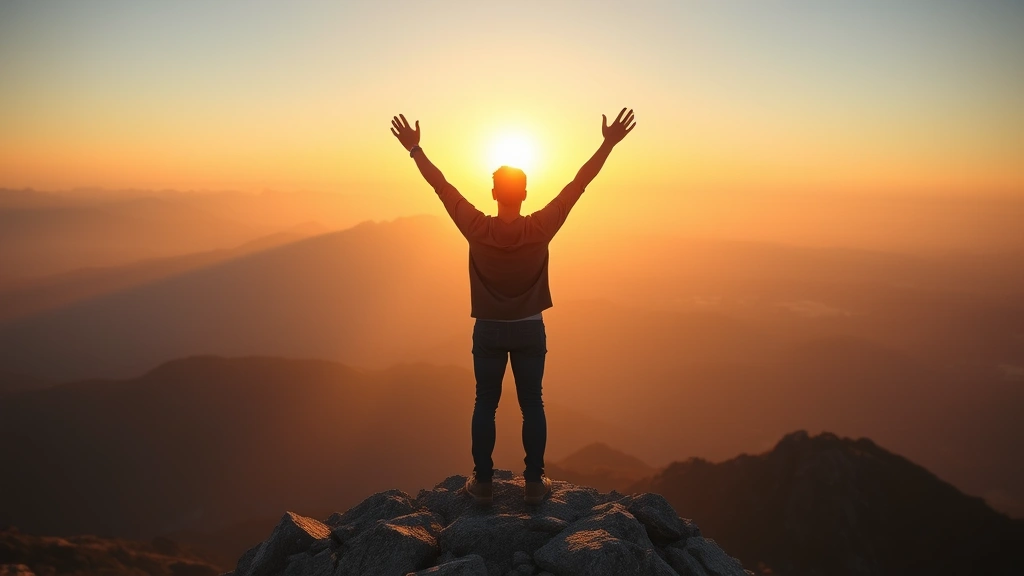 A person standing at sunrise on a mountain peak, arms raised in triumph, looking at vast landscape ahead, photorealistic, warm golden light, sense of achievement and possibility
