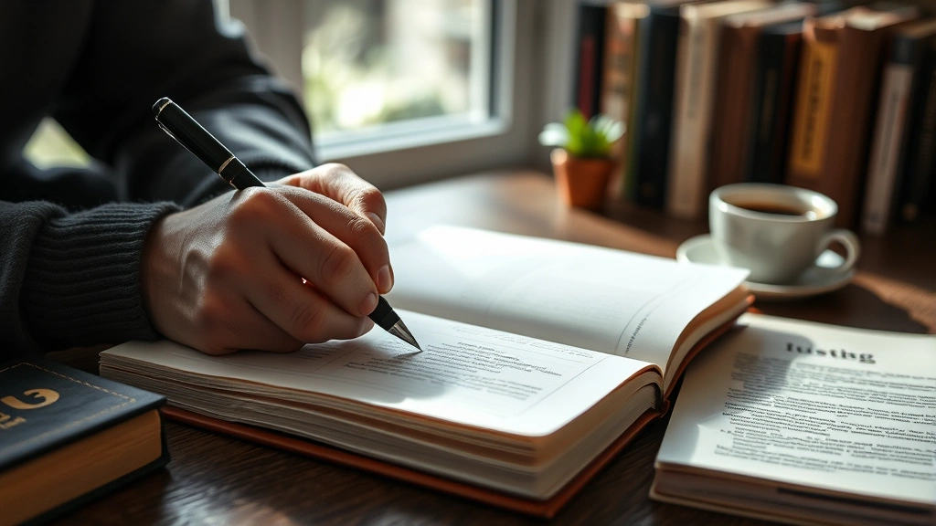 Close-up of hands writing in a journal with determination, surrounded by books and coffee, natural light from window, focused expression, growth and reflection