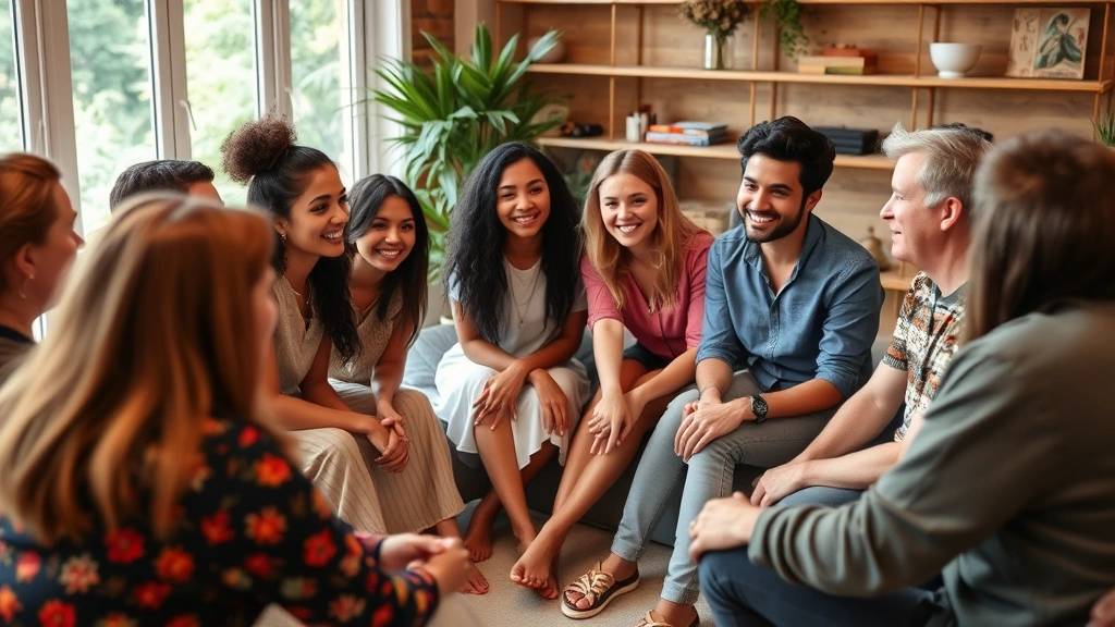 A diverse group of people in a circle having an engaged discussion, smiling and leaning toward each other, supportive community atmosphere, natural indoor setting, connection and accountability