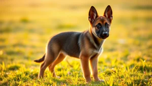 Golden-hour photograph of a young German Shepherd puppy standing in a grassy field, alert and playful, showing its characteristic pointed ears and lean puppy proportions, natural outdoor lighting