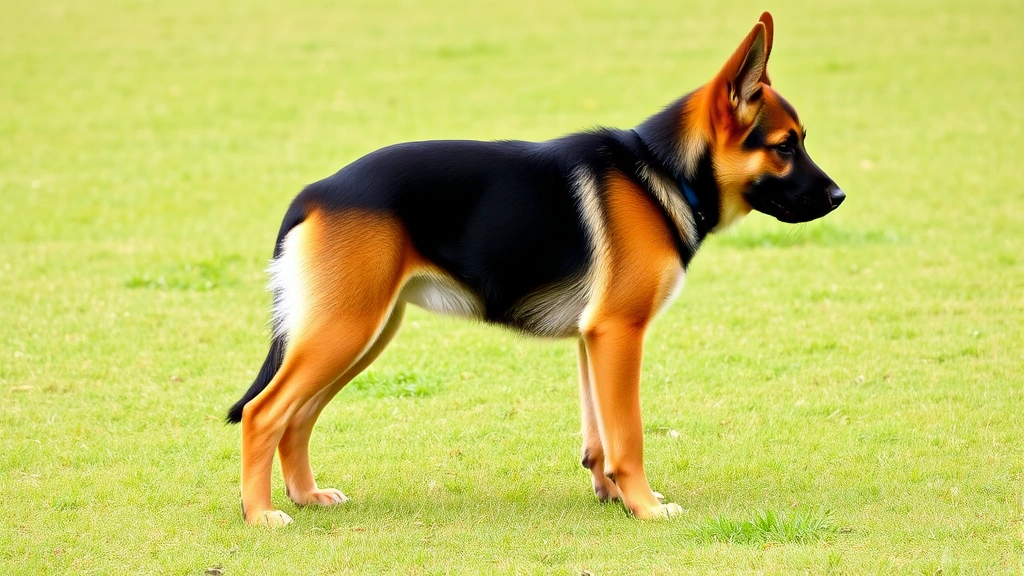 Side-profile view of a healthy adolescent German Shepherd at approximately 6 months old, displaying proper body structure and muscle development, standing in a neutral stance on grass
