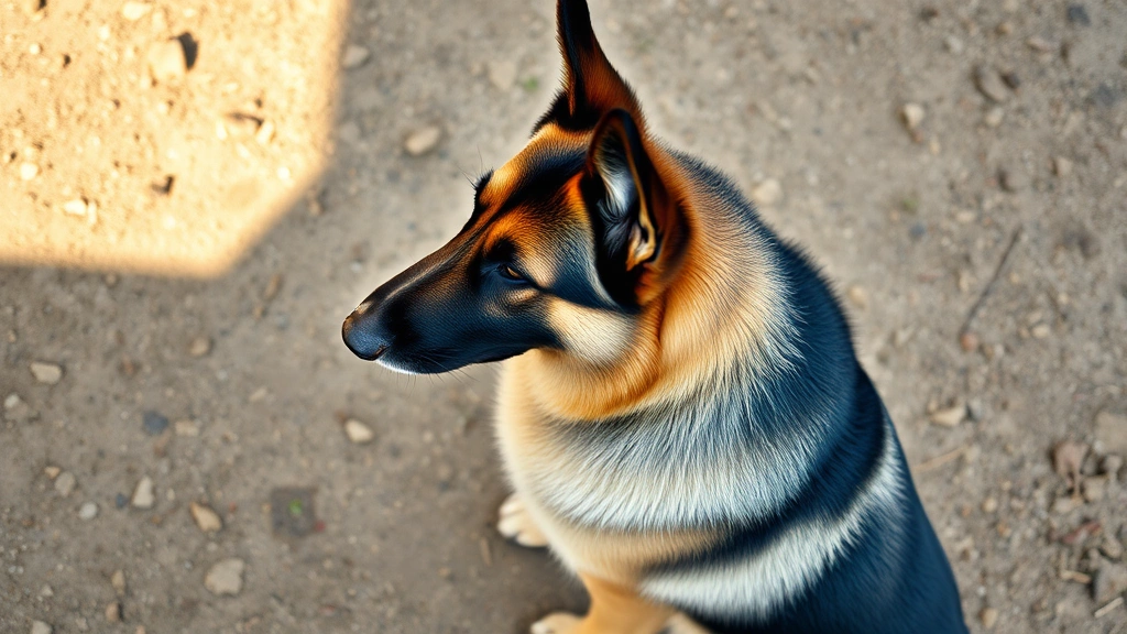 Overhead shot of a fully mature adult German Shepherd in profile, showing complete physical development with muscular build, confident posture, and characteristic breed structure in natural daylight