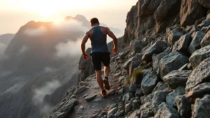 A determined person climbing a steep mountain path at sunrise, muscles tensed with effort, surrounded by dramatic rocky terrain and morning mist, showing physical determination and upward progress