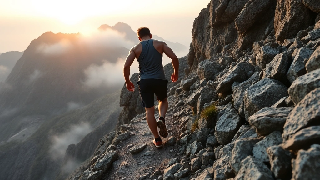 A determined person climbing a steep mountain path at sunrise, muscles tensed with effort, surrounded by dramatic rocky terrain and morning mist, showing physical determination and upward progress