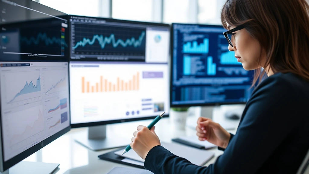 A professional woman in a modern office space reviewing data on multiple screens with focused intensity, pen in hand taking notes, representing skill development and deliberate practice through technology