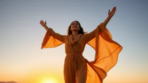 A woman standing confidently on a mountain peak at sunrise, arms raised in triumph, wearing flowing empowering clothing, golden light illuminating her face with peaceful determination and strength