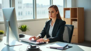 A determined professional woman sitting at a minimalist desk in morning sunlight, hands positioned purposefully over keyboard, expressing focused concentration and intentional discipline, professional attire, calm confident expression, modern office environment