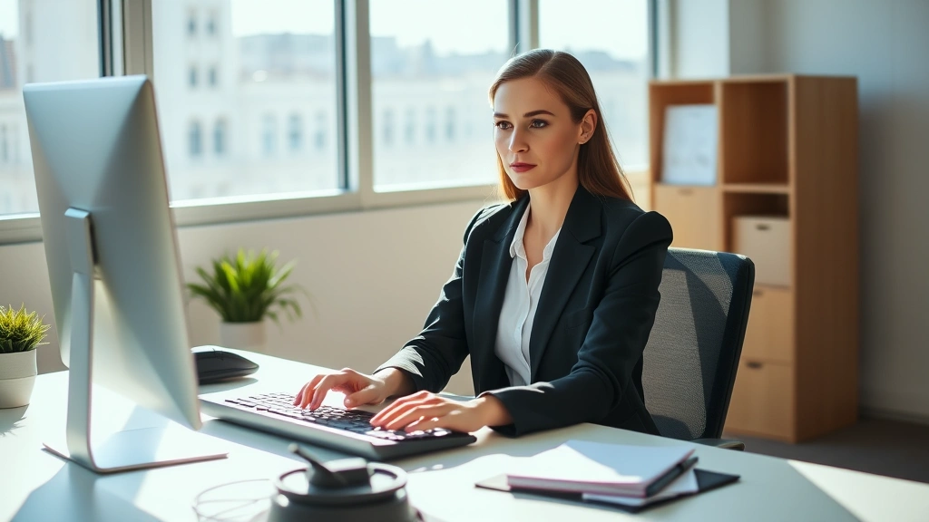 A determined professional woman sitting at a minimalist desk in morning sunlight, hands positioned purposefully over keyboard, expressing focused concentration and intentional discipline, professional attire, calm confident expression, modern office environment