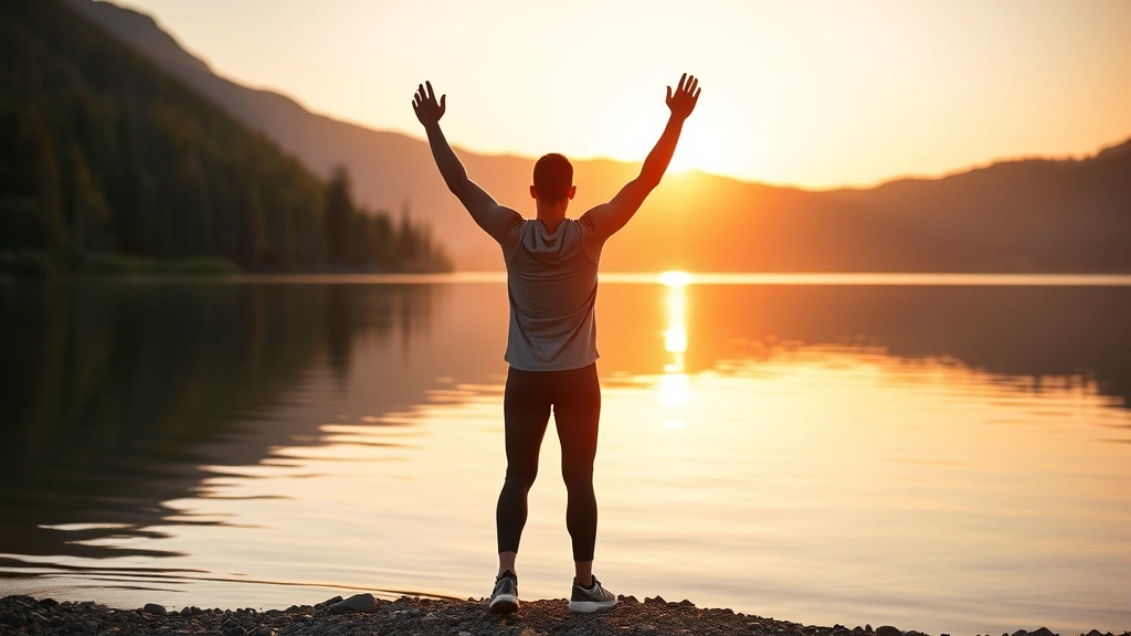 A person in athletic wear standing at the edge of a calm lake at sunrise, arms slightly raised in quiet triumph, embodying resilience and personal strength, natural landscape, peaceful determination, golden hour lighting emphasizing growth