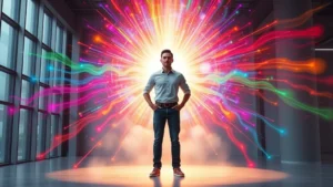 Person standing confidently with visible aura of growth energy expanding outward, vibrant colors representing expanding potential and capability, photorealistic human figure in modern setting