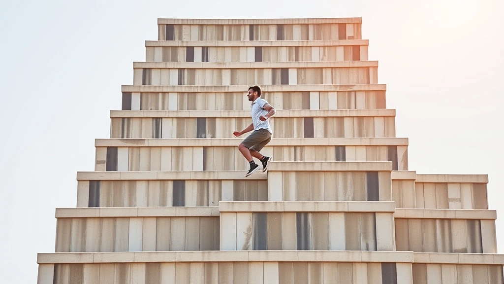 Individual climbing upward through layered platforms, each level distinct and visible, showing incremental progress with determination and focus, natural lighting emphasizing forward momentum