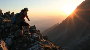 A person climbing a steep mountain trail with determination and focus, wearing athletic gear, surrounded by nature with sunrise lighting, showing effort and perseverance in personal growth journey