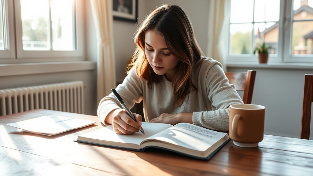 Person writing in journal at wooden desk, morning sunlight streaming through window, coffee cup nearby, focused contemplative expression, peaceful home setting, no visible text on pages