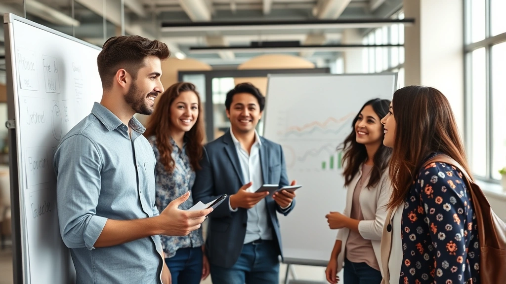 Young professional in modern office presenting ideas on whiteboard, collaborating with diverse colleagues, engaged expressions, dynamic growth energy, bright professional environment, no visible text on board