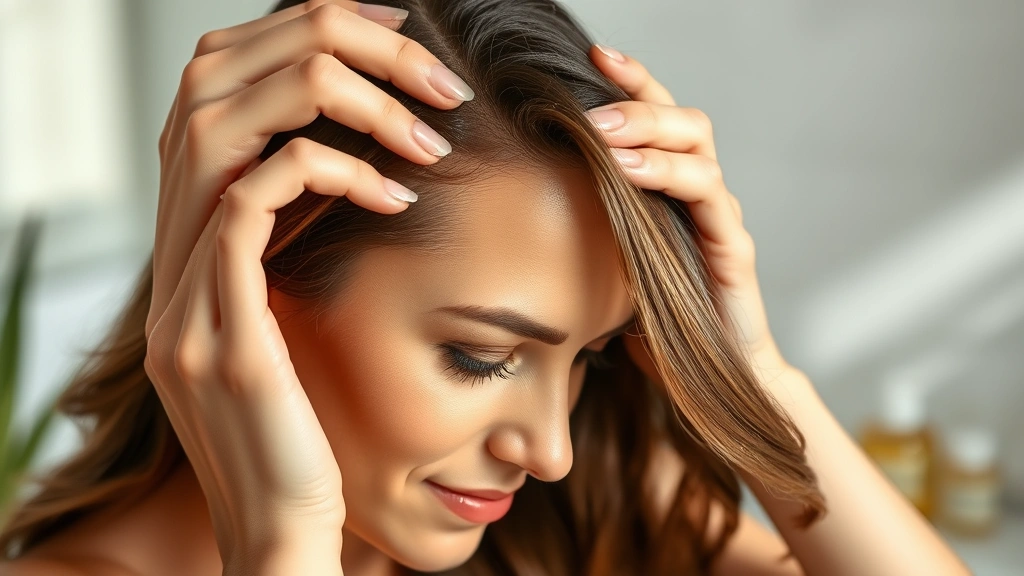 Woman applying golden oil to scalp with fingertips during relaxing hair treatment, natural lighting, serene expression, healthy hair visible, spa-like bathroom setting, close-up focus on scalp care technique