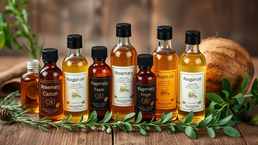 Assortment of amber and clear glass bottles containing various hair growth oils (rosemary, castor, coconut, argan), arranged artfully on wooden surface with fresh herbs, warm natural lighting, professional product photography style