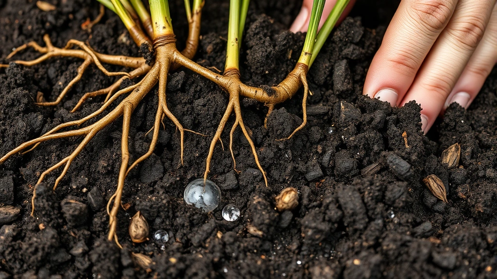 Close-up of rich dark soil with organic compost, roots extending into earth, water droplets visible, gardener's hands working soil preparation, natural lighting showing soil texture and moisture, no text or signage