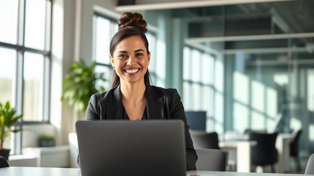 Professional woman in modern office sitting at desk with laptop, smiling confidently, natural daylight streaming through windows, focused expression showing determination and capability, professional attire, minimalist desk setup suggesting organized mindset