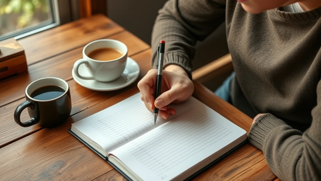Person writing in notebook at wooden desk with coffee cup nearby, warm lighting, concentrated expression showing reflection and planning, casual comfortable setting, pages visible suggesting goal-setting and progress tracking, natural environment promoting creativity