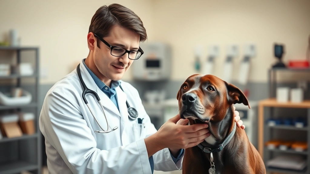 Professional veterinarian in modern clinic examining animal with confident, focused expression, natural lighting, warm professional environment