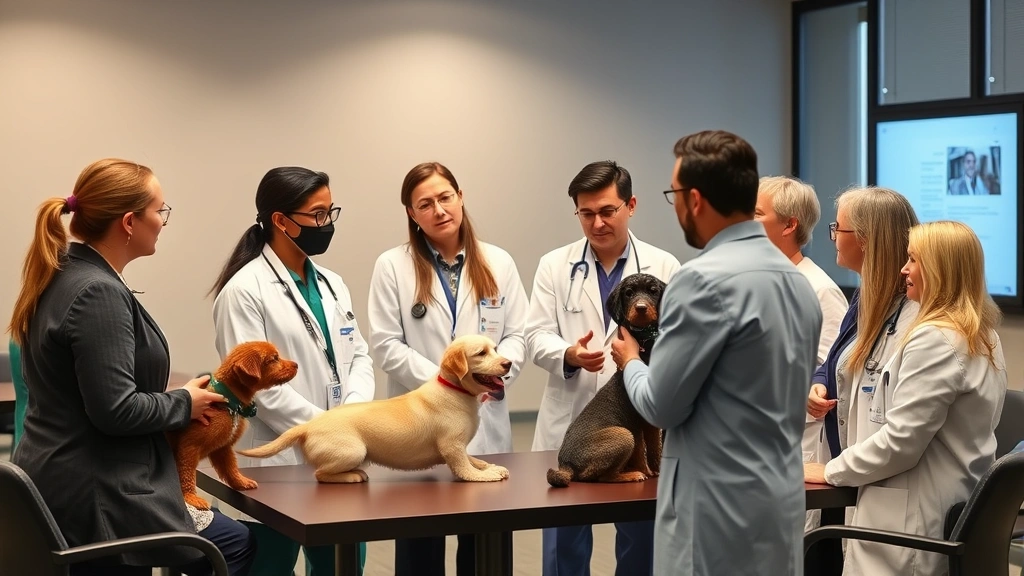 Diverse group of veterinary professionals collaborating in conference room, discussing cases, engaged in learning and mentorship interaction