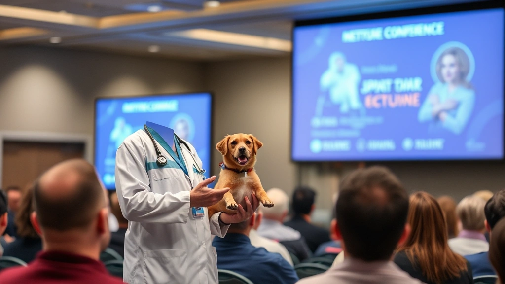 Veterinarian presenting at professional conference, speaking confidently to audience, demonstrating expertise and leadership in specialty field