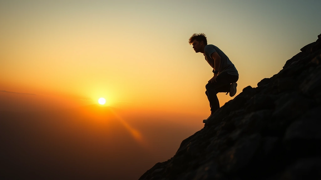 Person climbing mountain at sunrise with determined expression, golden light illuminating their face, representing breakthrough and upward progress in personal transformation