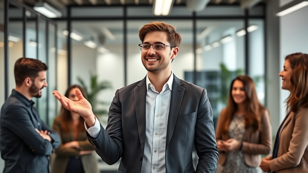 Young professional confidently presenting ideas in modern office setting with engaged team members, radiating transformed confidence and leadership capability