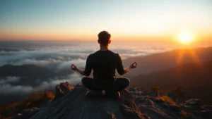 Person sitting in meditation pose on mountain peak at sunrise, looking peaceful and introspective with hands on knees, misty valley below, soft golden light, serene expression, professional photography