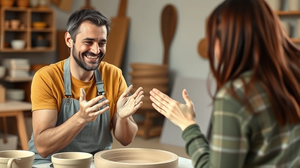 Adult student in beginner pottery class with clay-covered hands, genuinely smiling while making mistakes, instructor offering guidance, studio setting with natural light, vulnerability and learning captured