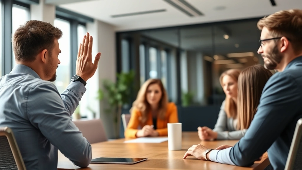 Professional in meeting raising hand to speak, vulnerable body language admitting mistake to team, colleagues listening with respect, modern office, authentic emotional moment, natural lighting