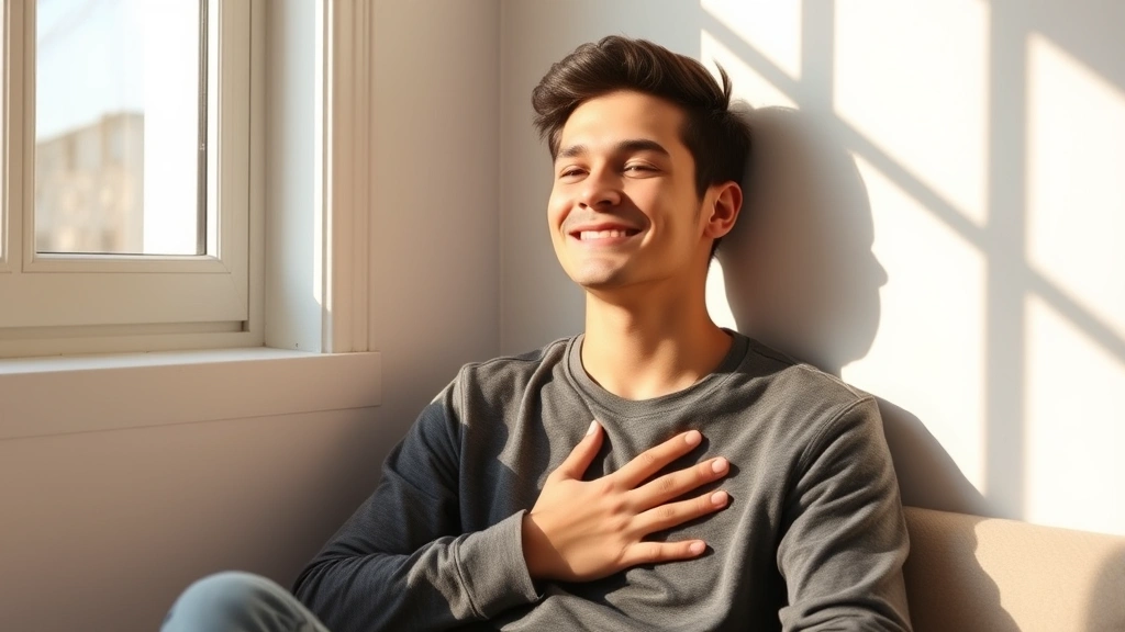Young adult sitting peacefully by a sunlit window, hand on chest, gentle smile, embodying self-compassion and inner confidence, natural lighting, serene expression