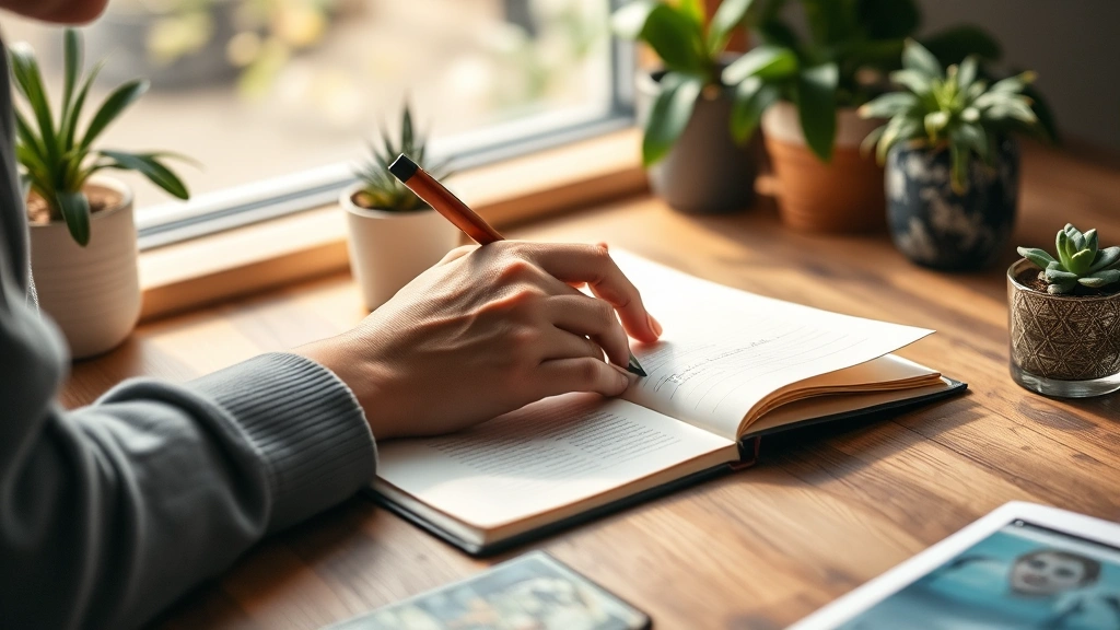 Person writing in journal at wooden desk with plants, focused and purposeful, morning light streaming in, representing goal-setting and self-reflection practices
