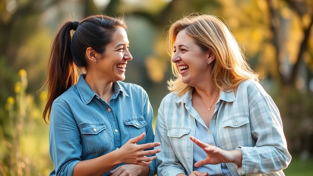Two friends laughing together in a warm, supportive conversation, genuine connection and positive relationship dynamics, natural outdoor setting with soft lighting