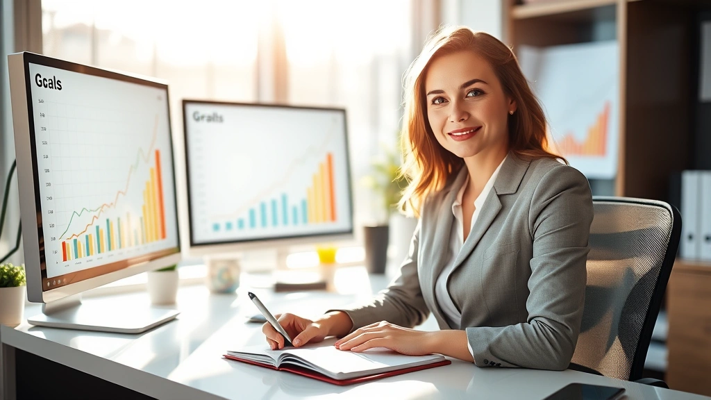 Professional woman sitting at modern desk surrounded by growth charts and upward trending graphs on computer screens, morning sunlight streaming through windows, confident expression, notebook with goals visible