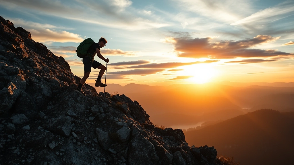 Person climbing mountain slope with determination, wearing hiking gear, dramatic landscape below, golden hour lighting, representing overcoming obstacles and upward personal development journey